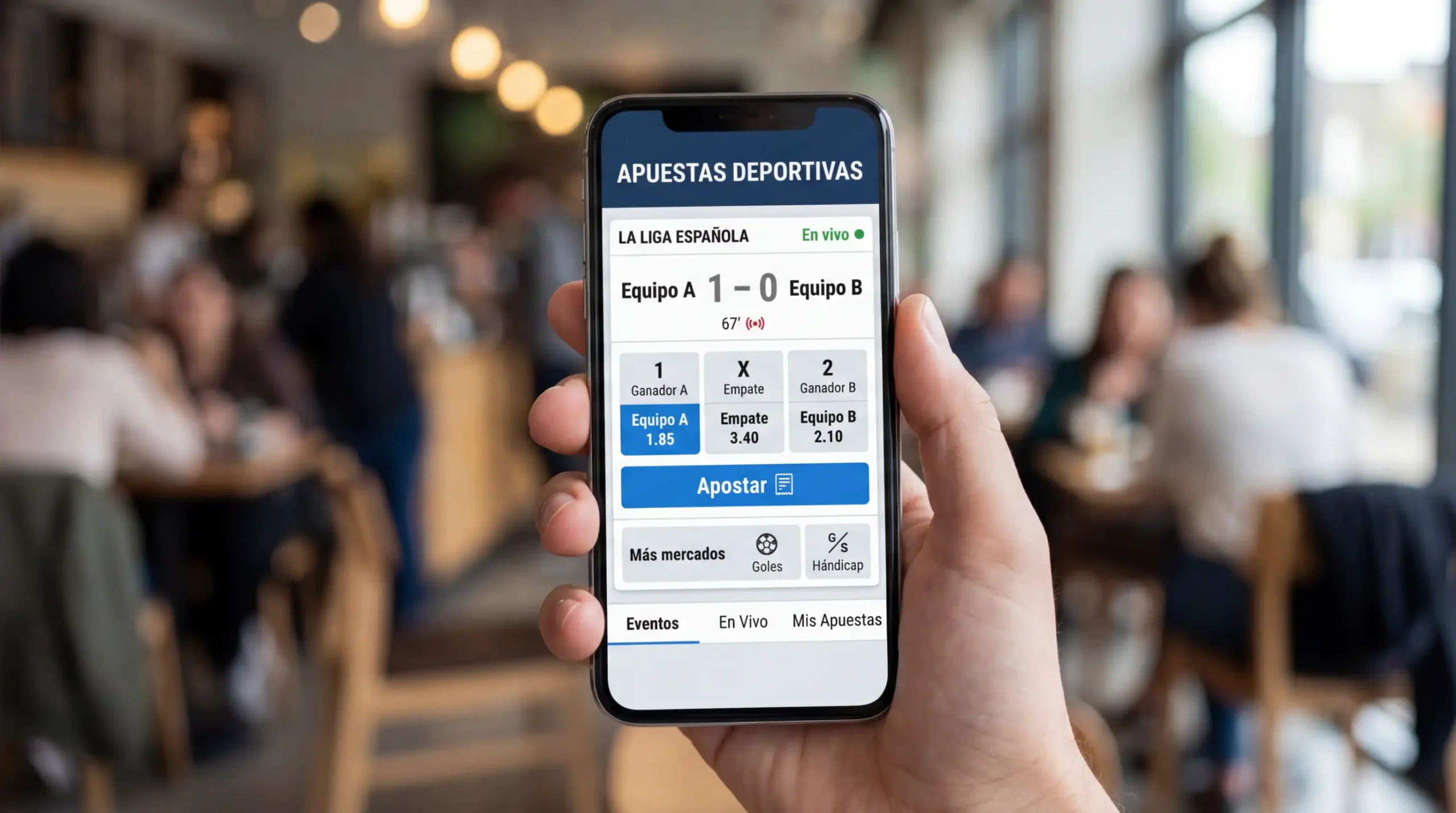 Smartphone mostrando aplicación de apuestas deportivas con partido de fútbol en directo