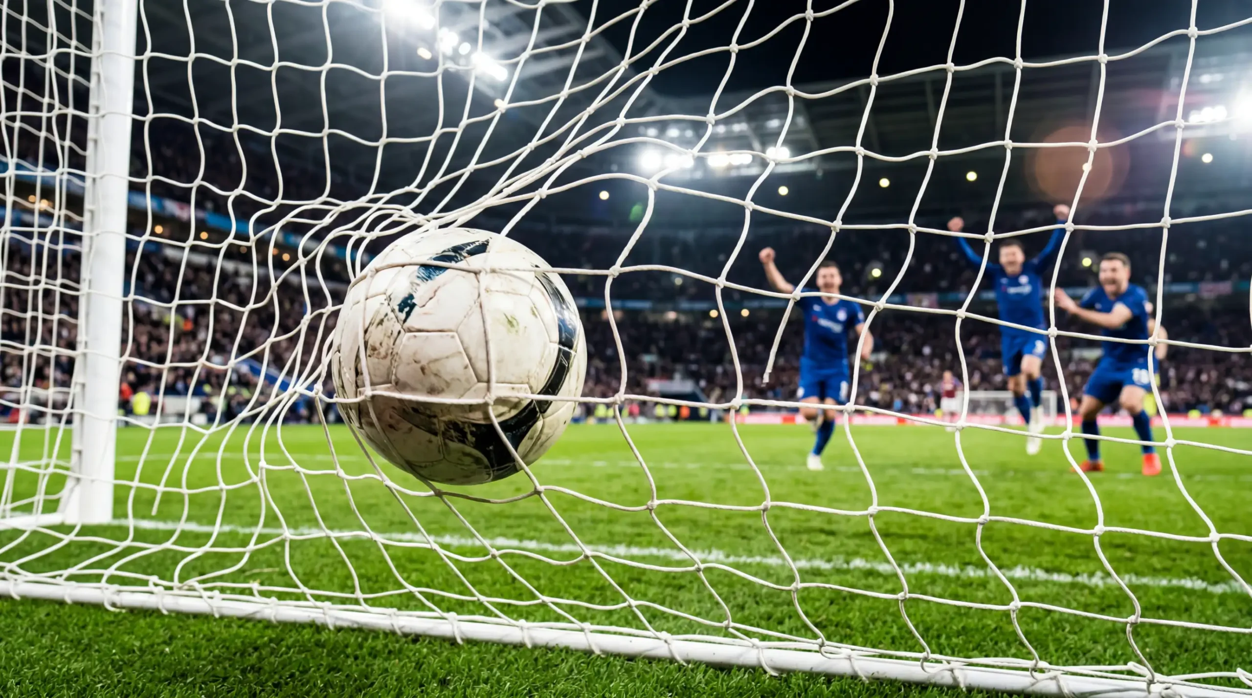 Balón de fútbol entrando en la portería con red ondeando tras un gol