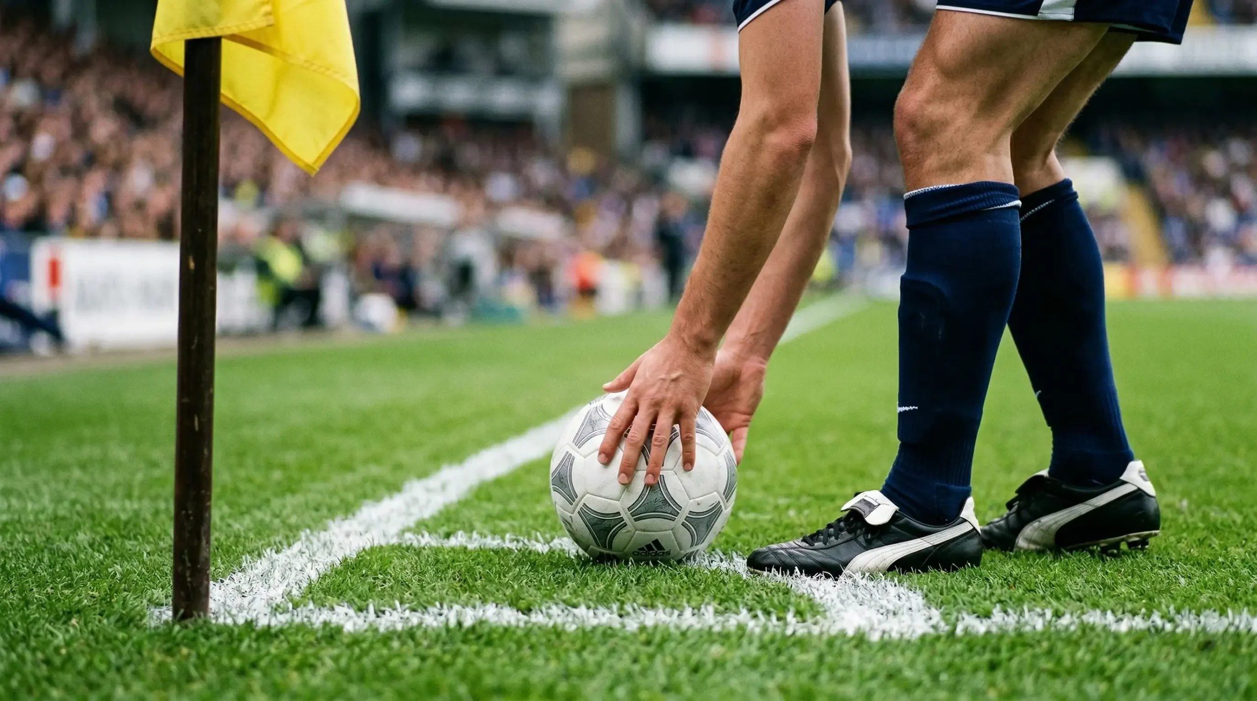 Jugador de fútbol preparando un saque de esquina con el balón en el córner
