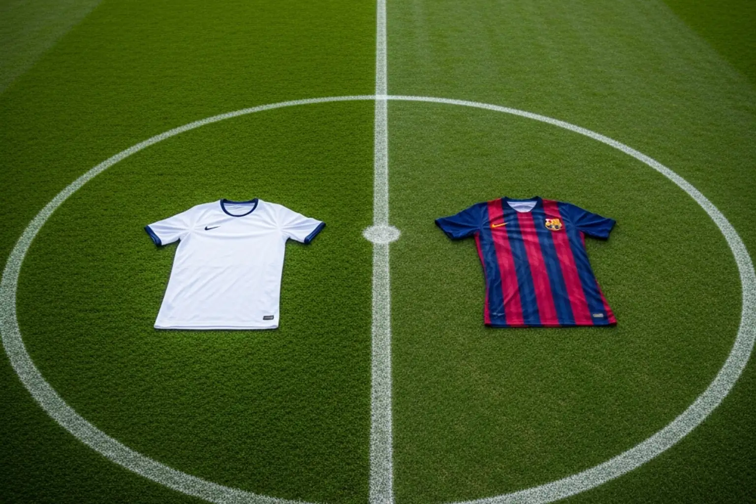 Campo de fútbol con camisetas del Real Madrid y Barcelona enfrentadas en El Clásico