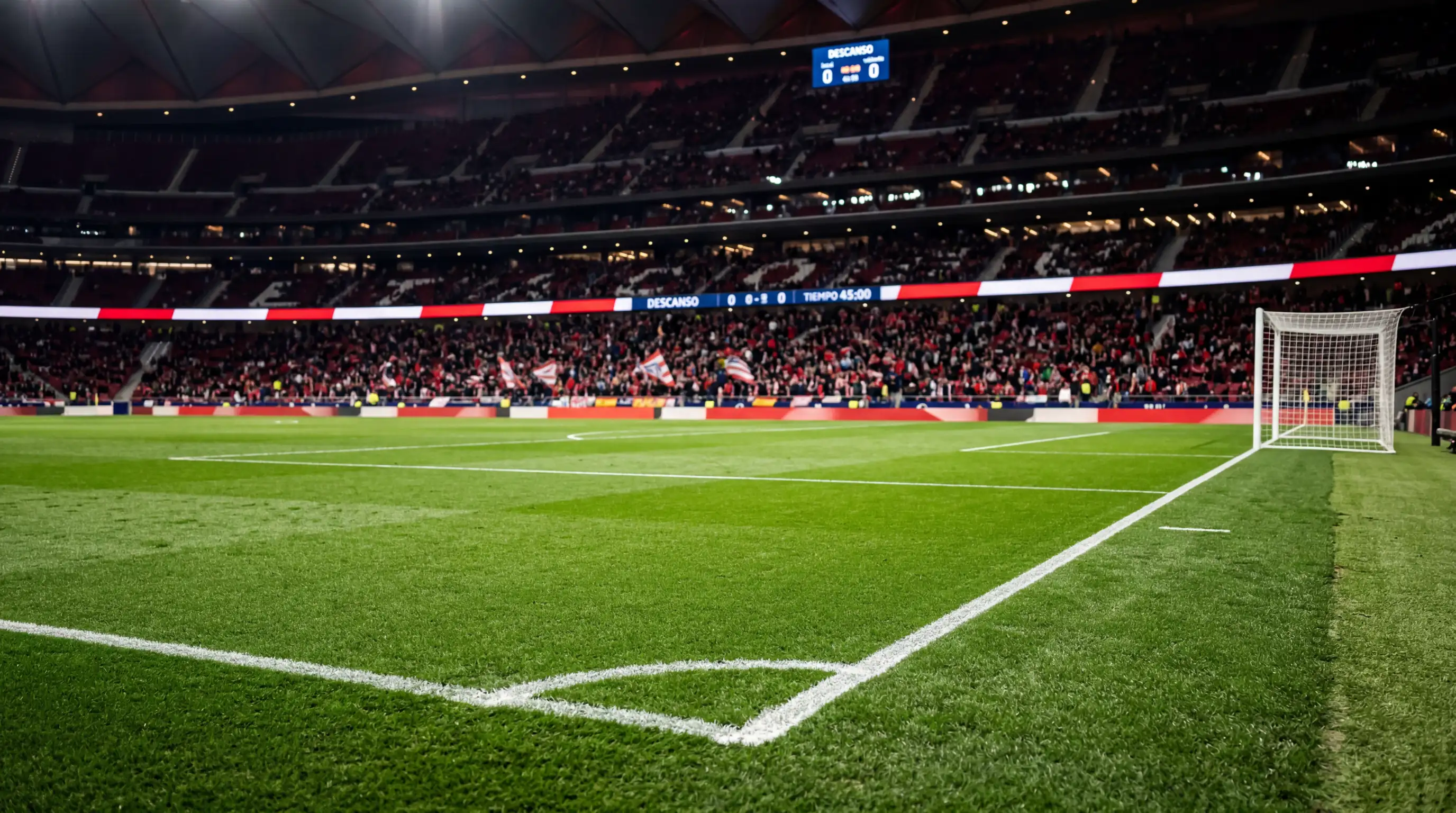 Estadio de fútbol iluminado con césped verde y gradas durante un partido de LaLiga en España