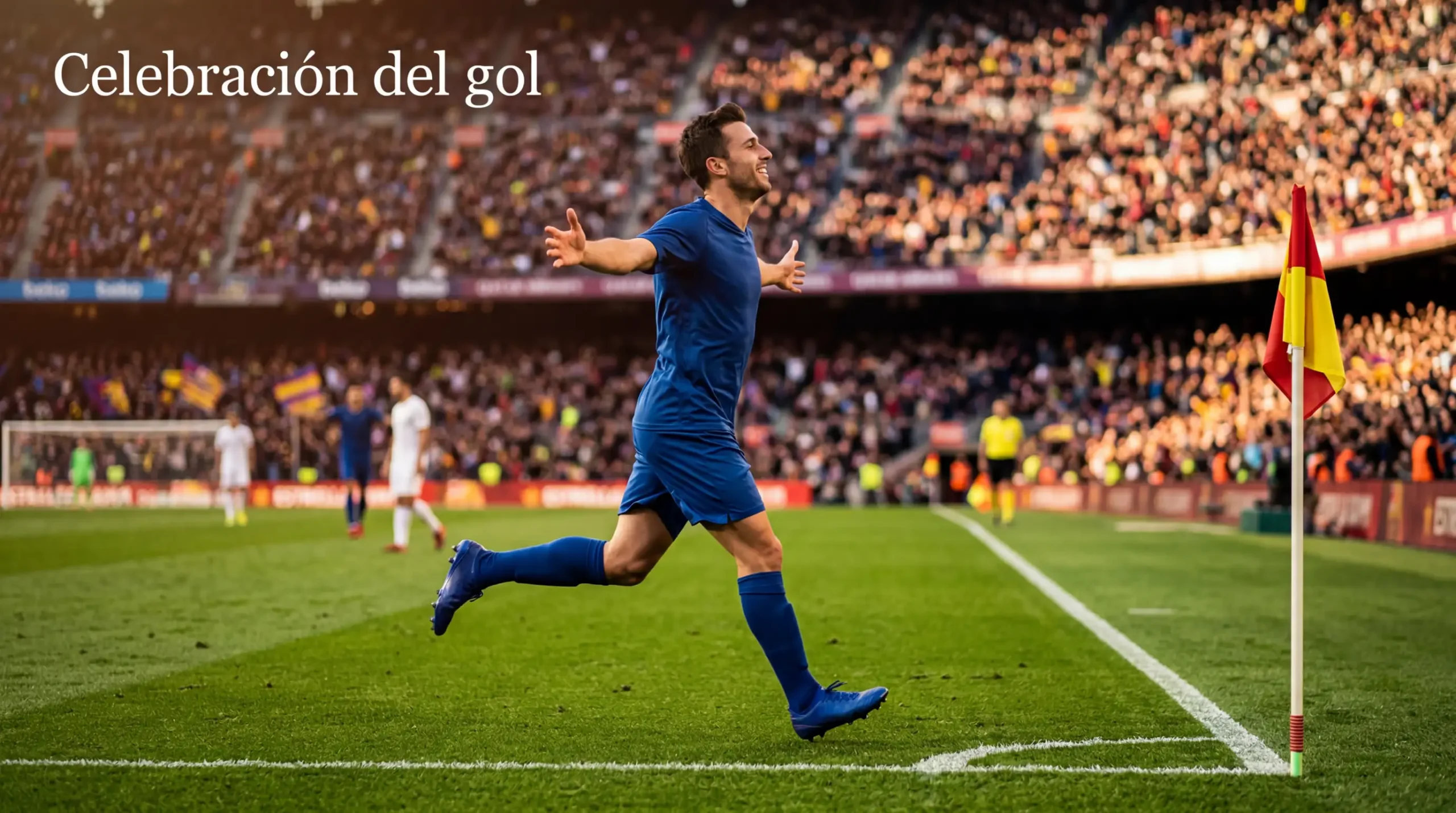 Delantero de fútbol celebrando un gol con los brazos abiertos en el campo
