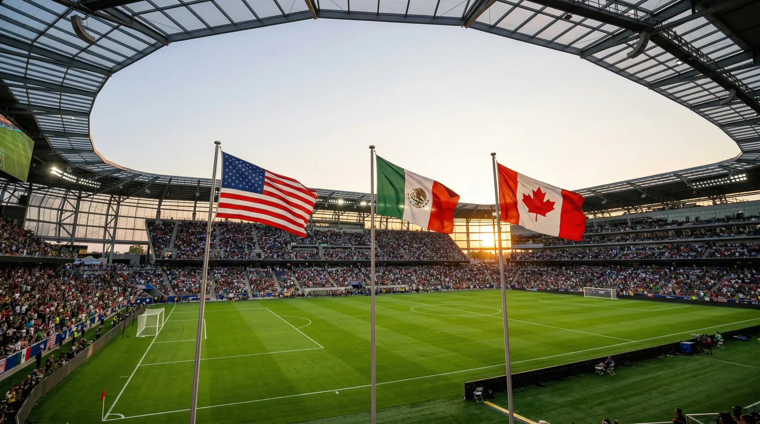 Estadio de fútbol con banderas de Estados Unidos, México y Canadá para el Mundial 2026