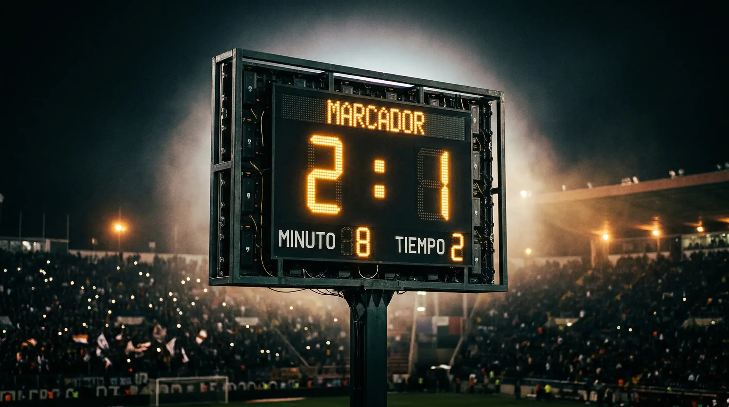 Marcador electrónico de estadio de fútbol mostrando resultado de partido