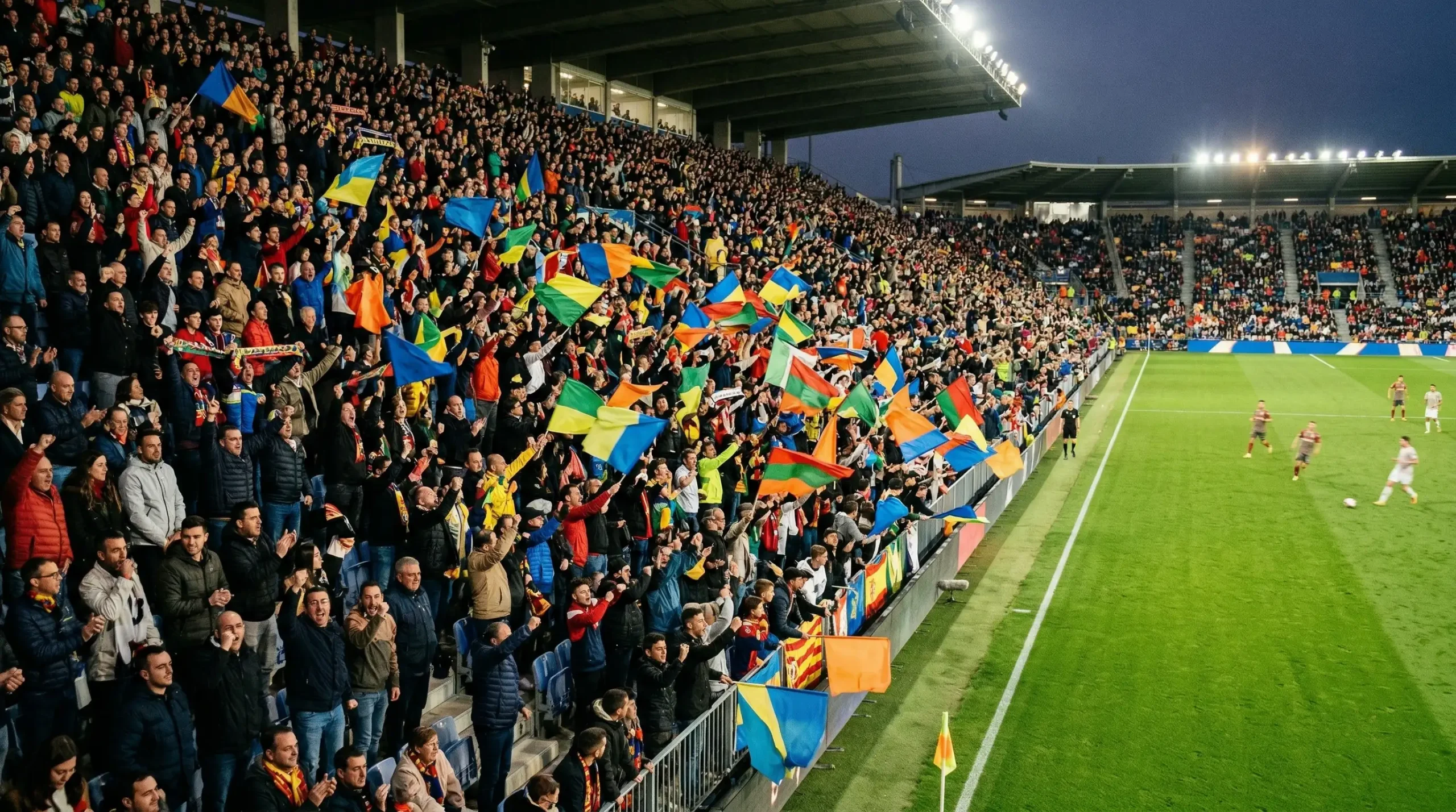 Estadio de Segunda División española con aficionados animando en las gradas