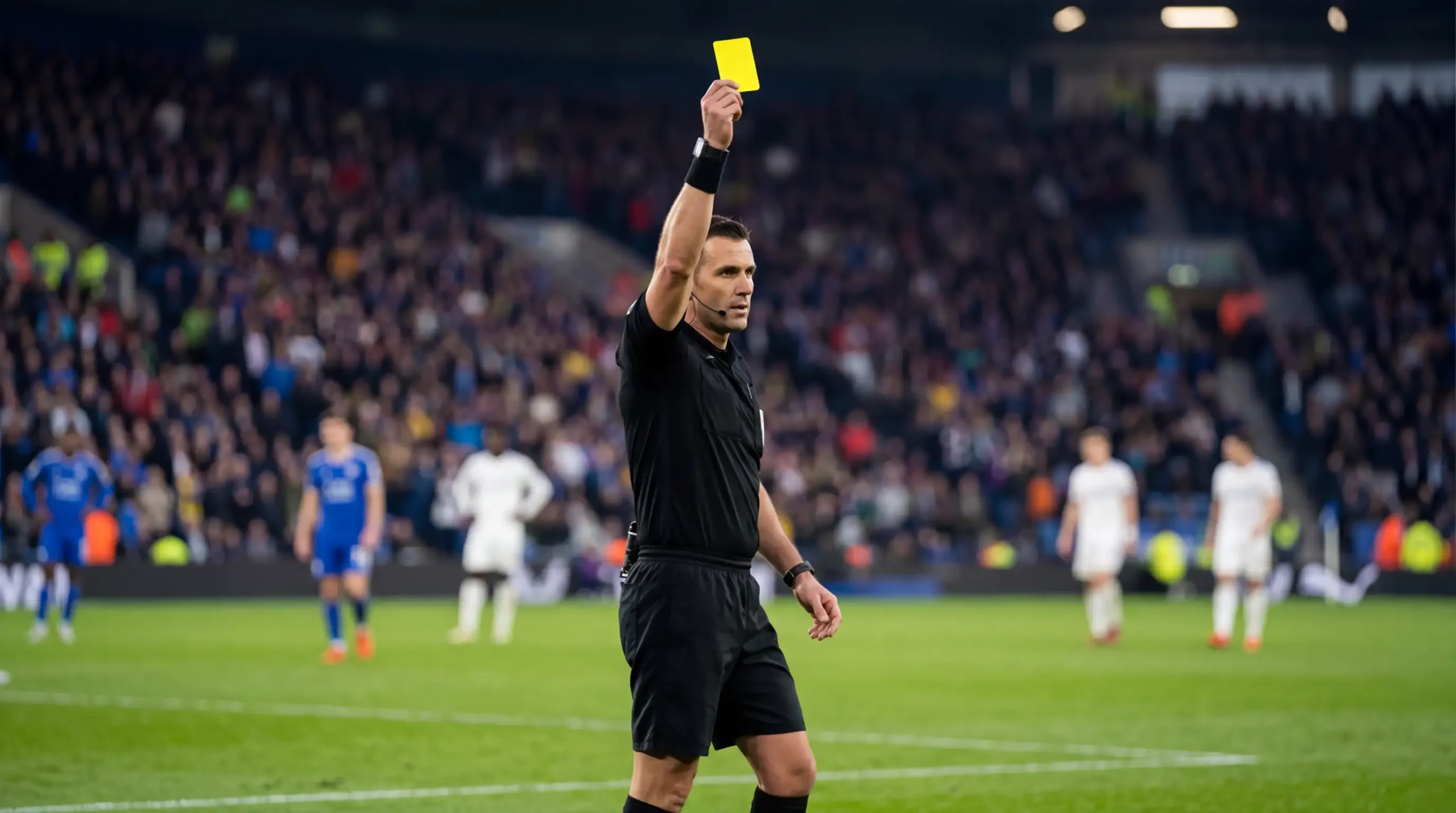 Árbitro de fútbol mostrando tarjeta amarilla a un jugador en el campo