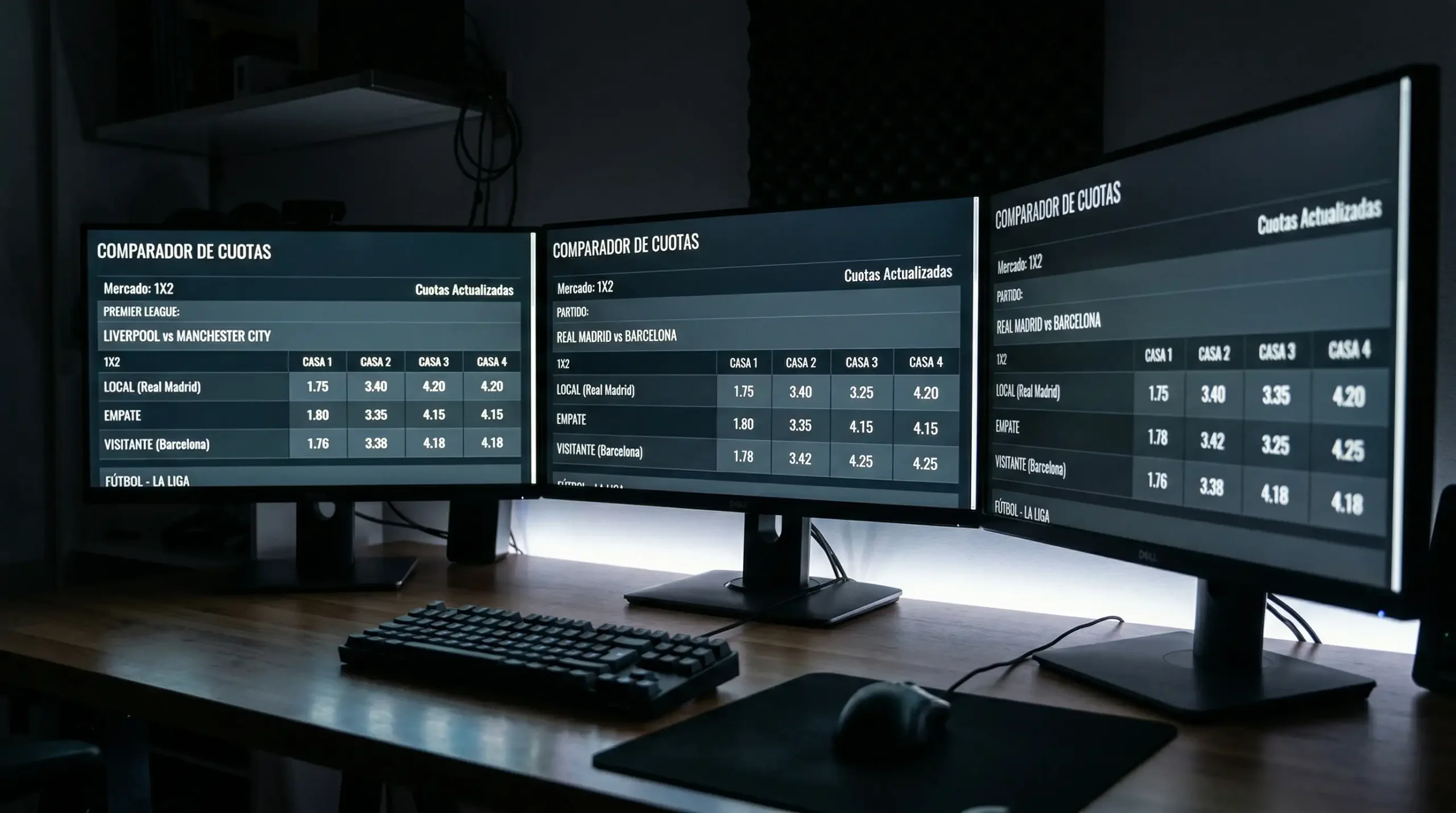 Múltiples pantallas de ordenador mostrando cuotas de diferentes casas de apuestas