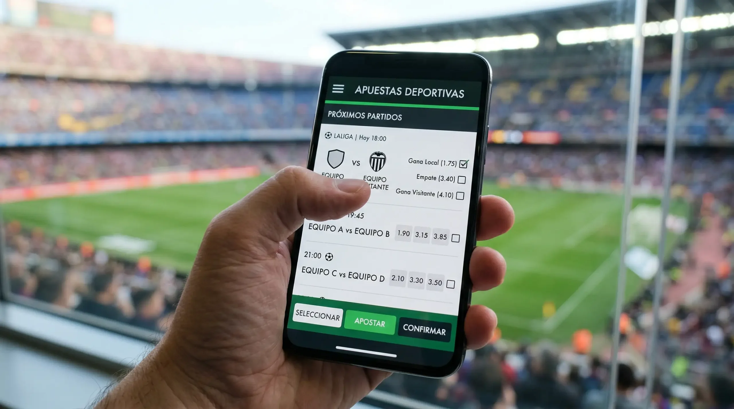 Pantalla de aplicación móvil construyendo apuesta personalizada de fútbol