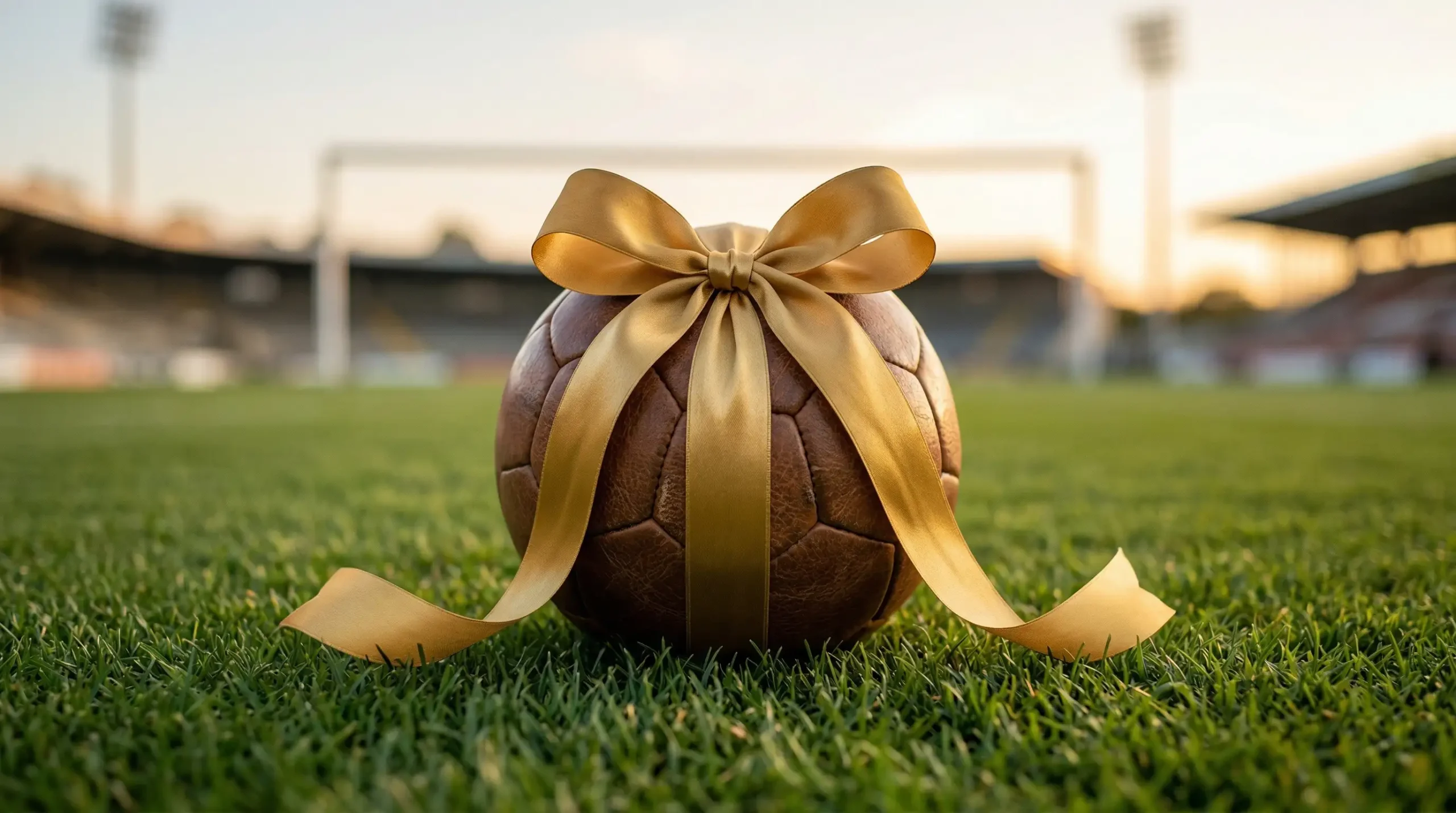 Tarjeta de regalo promocional junto a balón de fútbol sobre césped