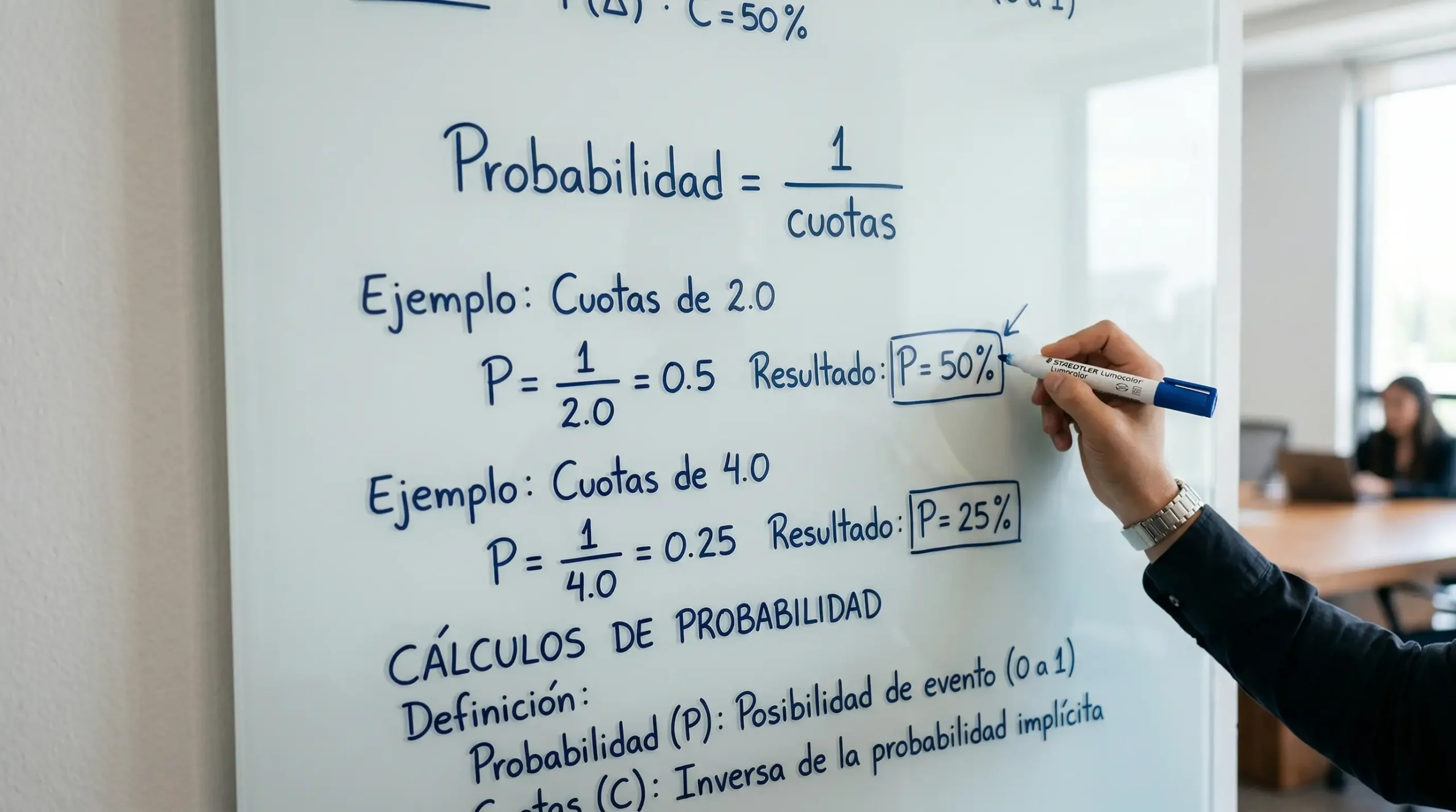 Pizarra con fórmula matemática de probabilidad implícita y cuotas decimales