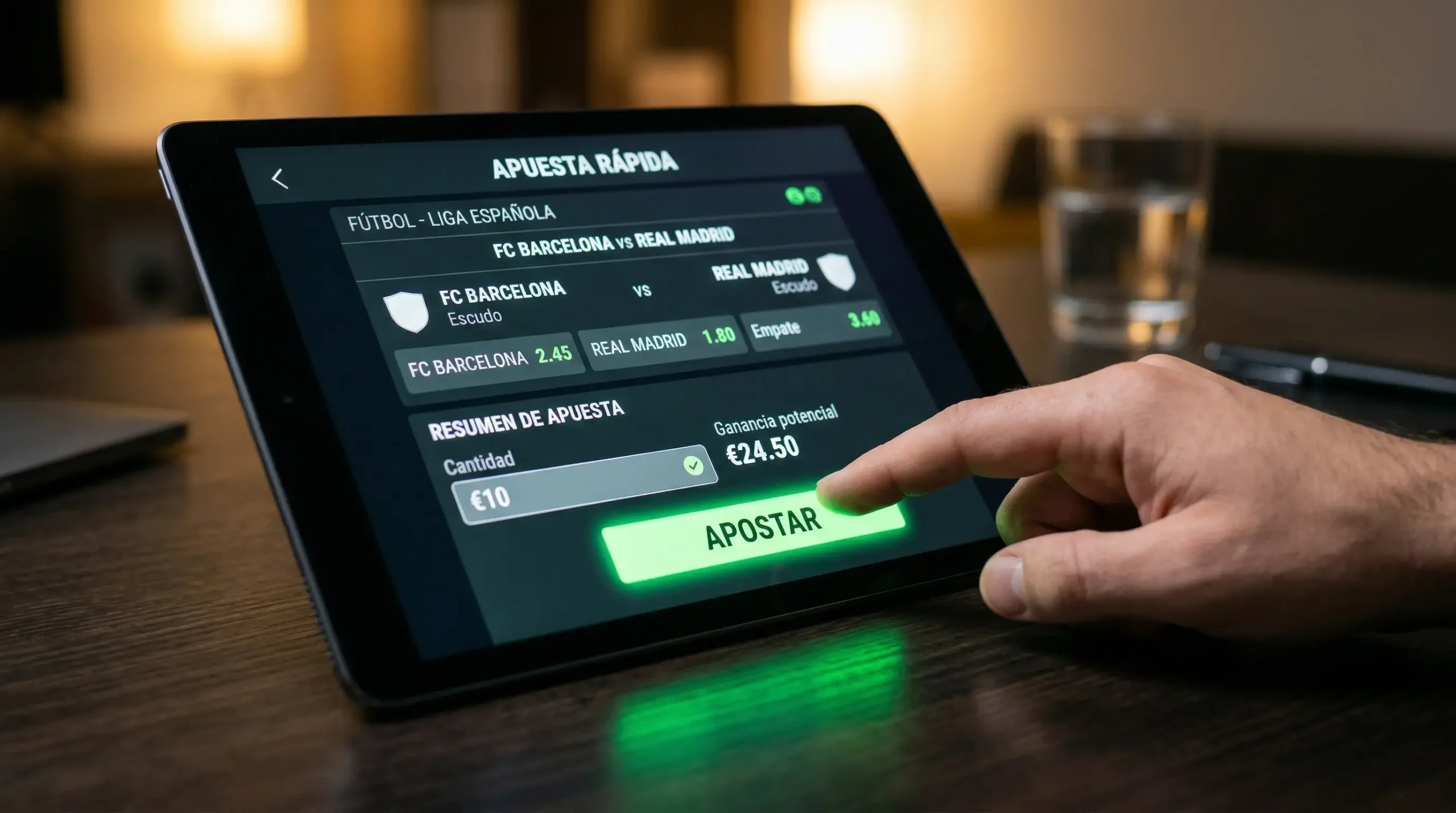 Mano presionando botón de cash out en pantalla de apuestas deportivas