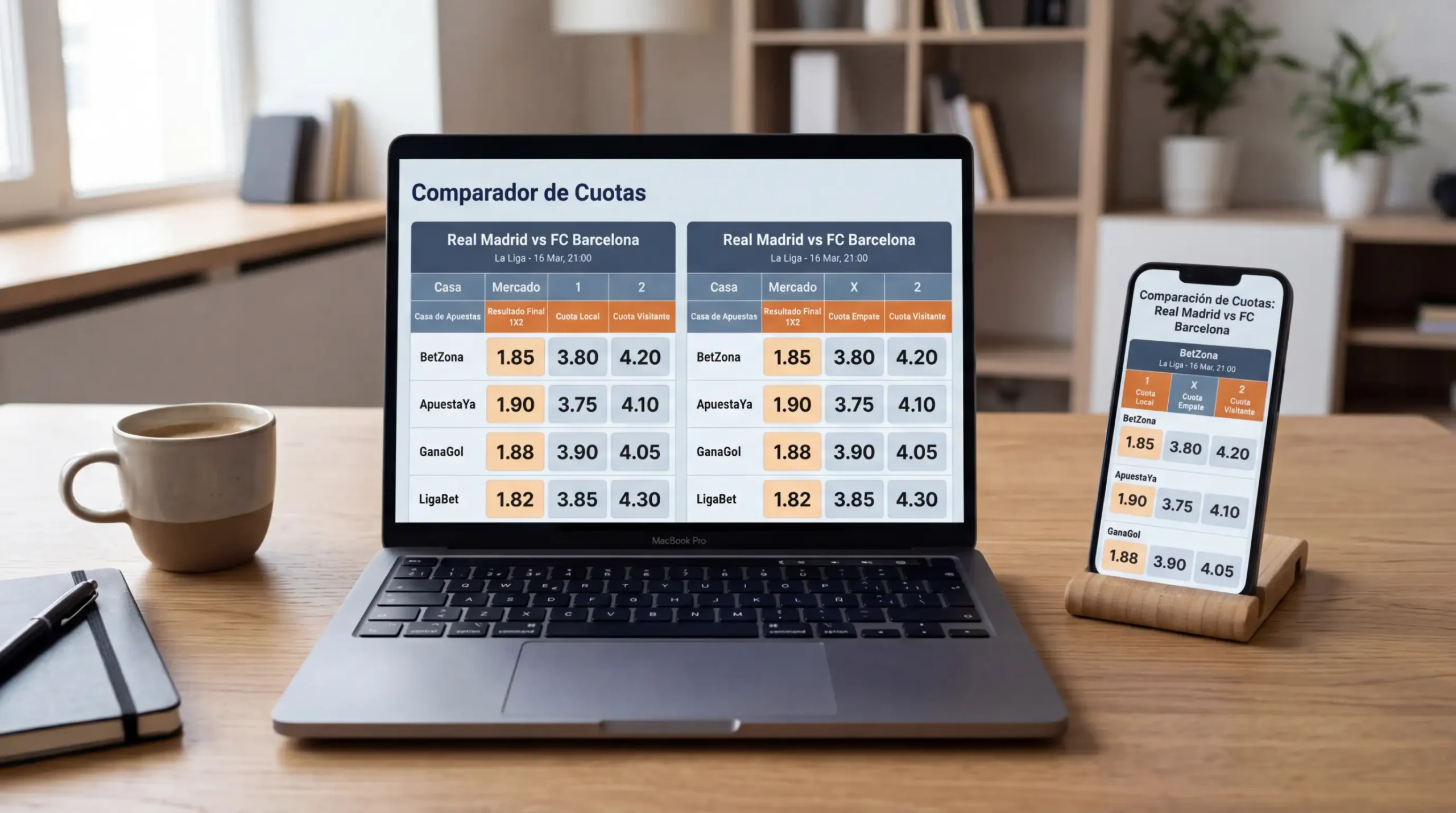 Pantalla dividida mostrando cuotas de diferentes casas de apuestas para el mismo partido