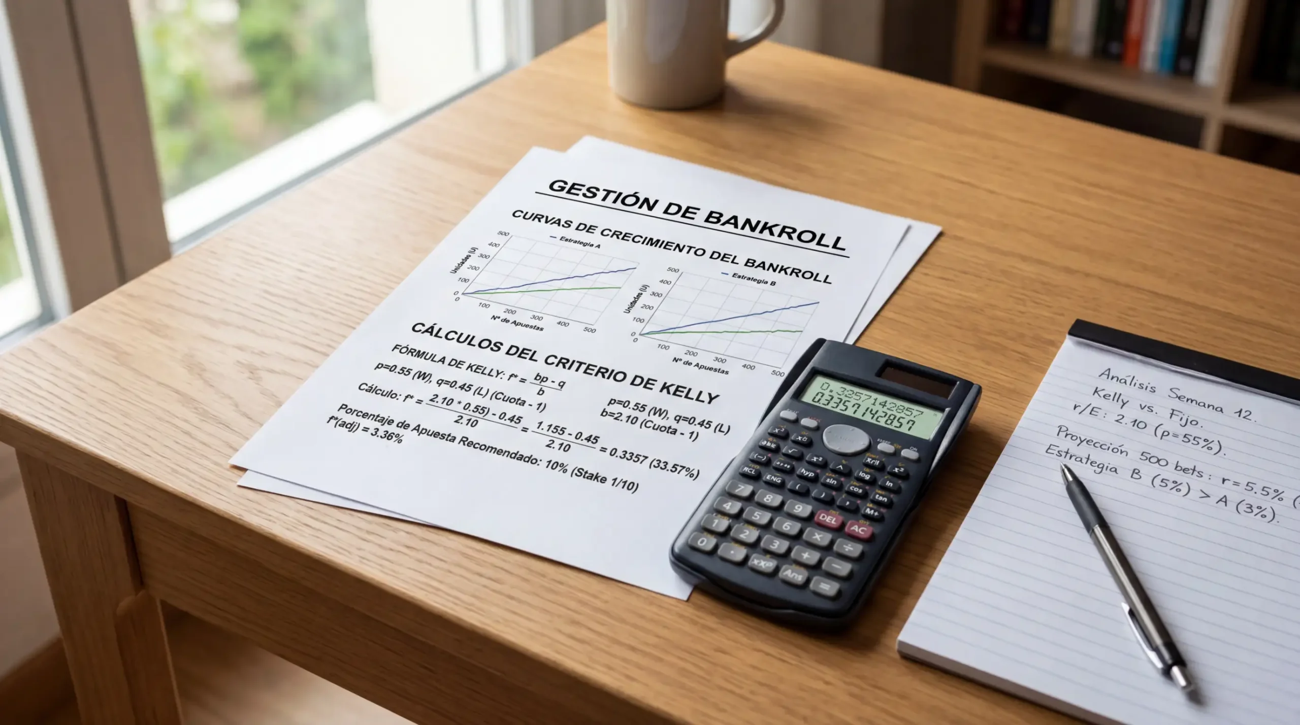 Calculadora científica junto a gráficos de gestión de bankroll para apuestas