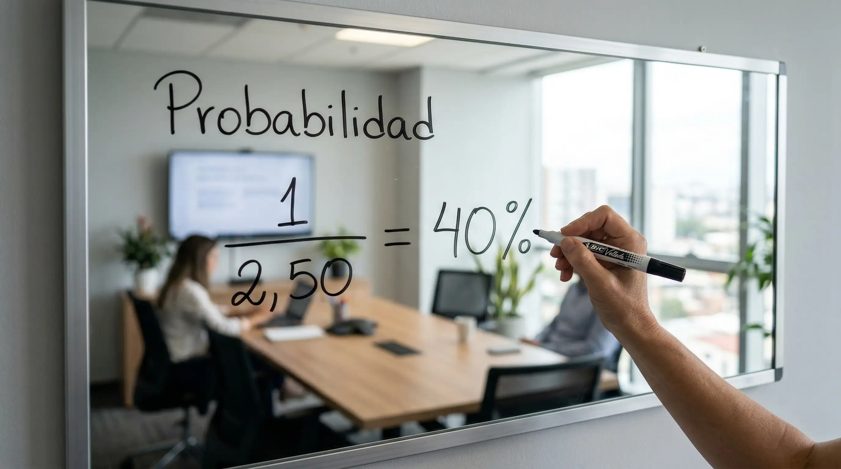 Pizarra con fórmula de probabilidad implícita y ejemplos de conversión de cuotas decimales
