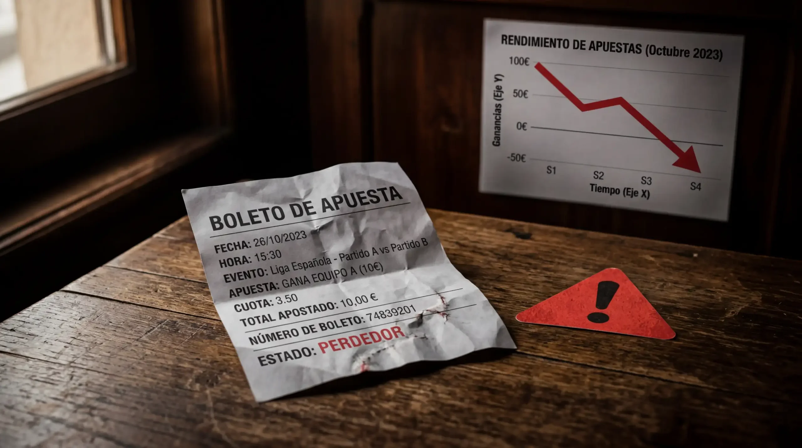 Boleto de apuestas tachado con señales de advertencia y gráfico de pérdidas