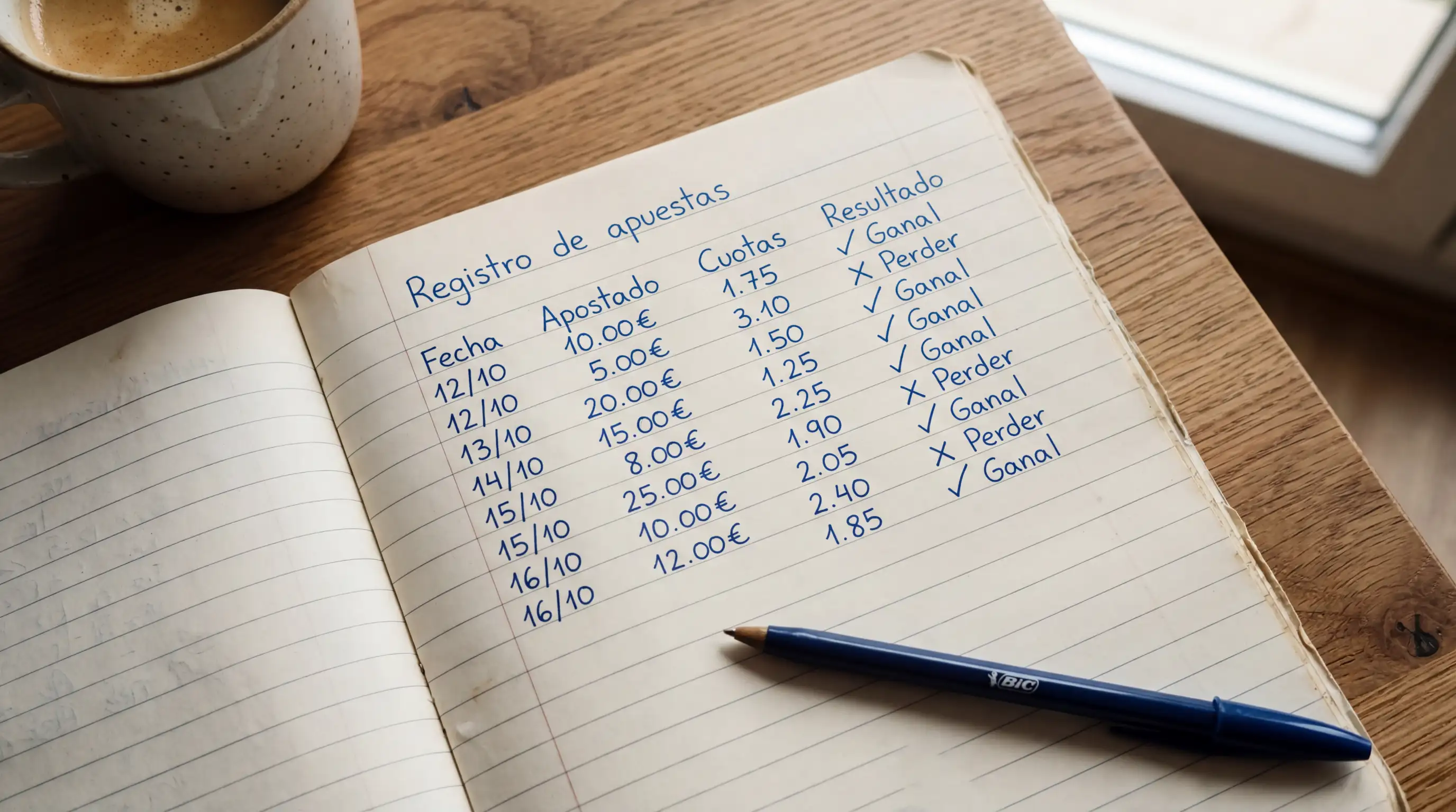 Libreta con registro de apuestas, porcentajes de bankroll y seguimiento de resultados