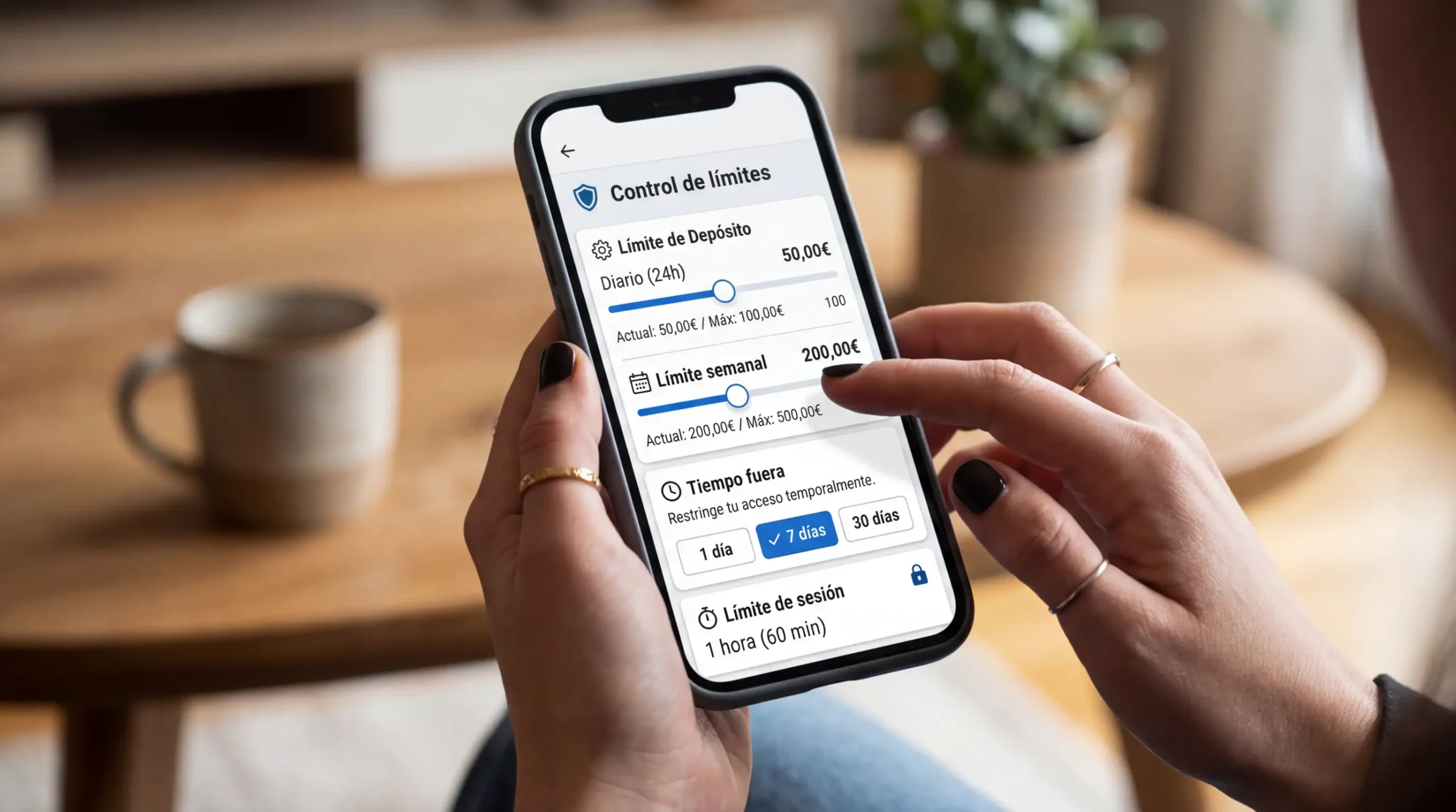 Manos configurando límites de apuestas en una aplicación móvil con iconos de protección