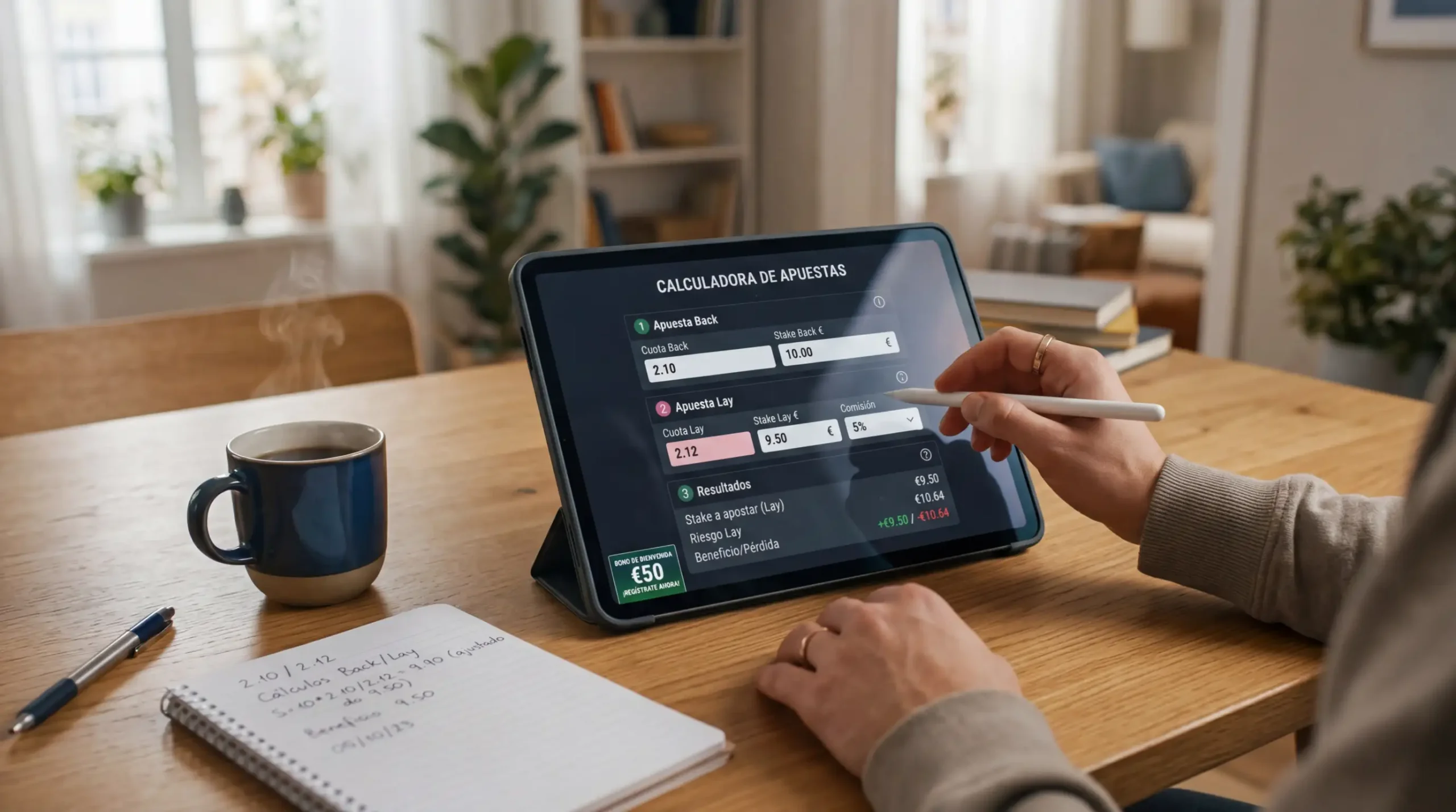 Persona usando calculadora de matched betting en tablet con promociones de apuestas