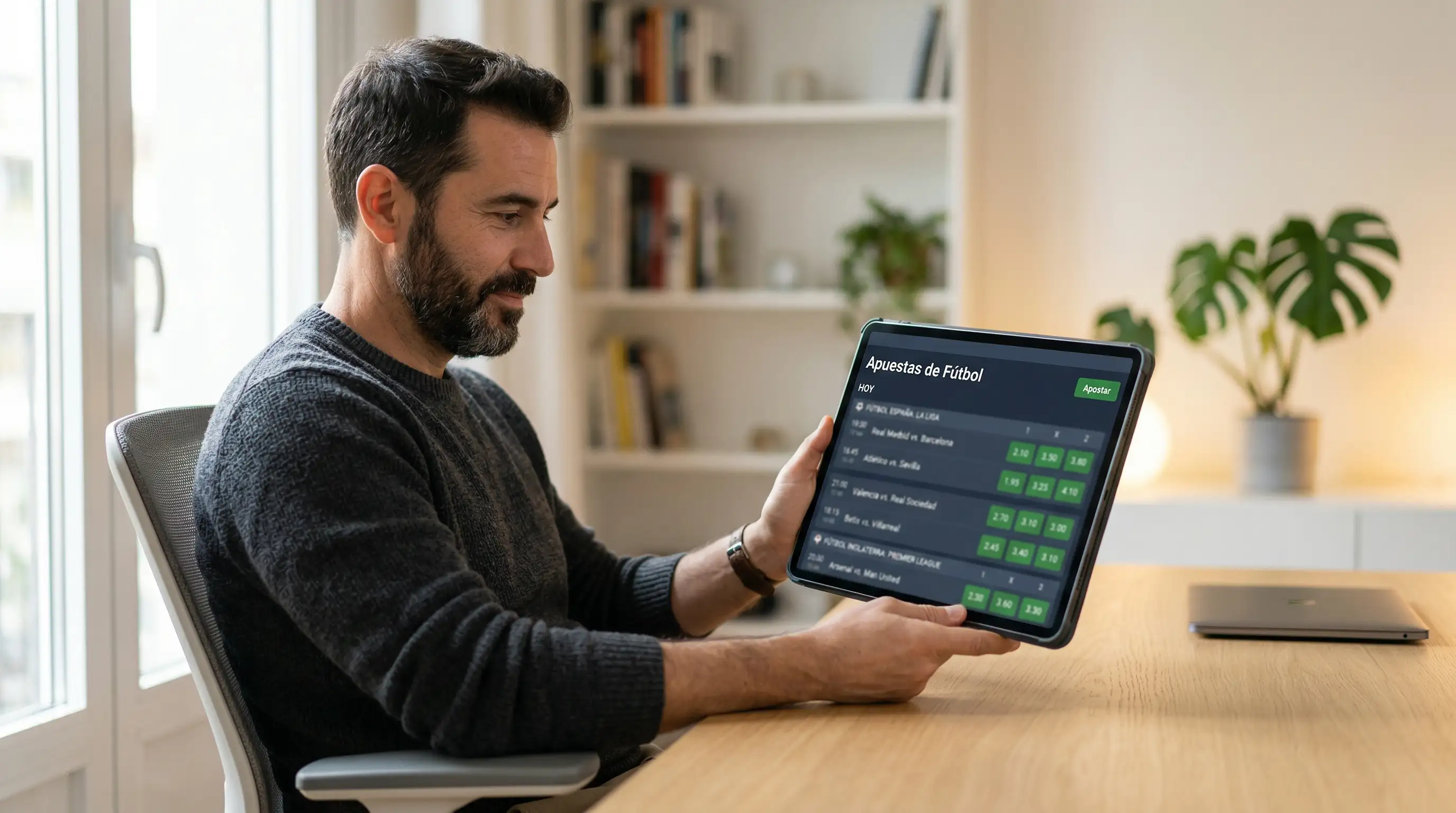 Tableta mostrando cuotas de apuestas deportivas con estadísticas del mercado español