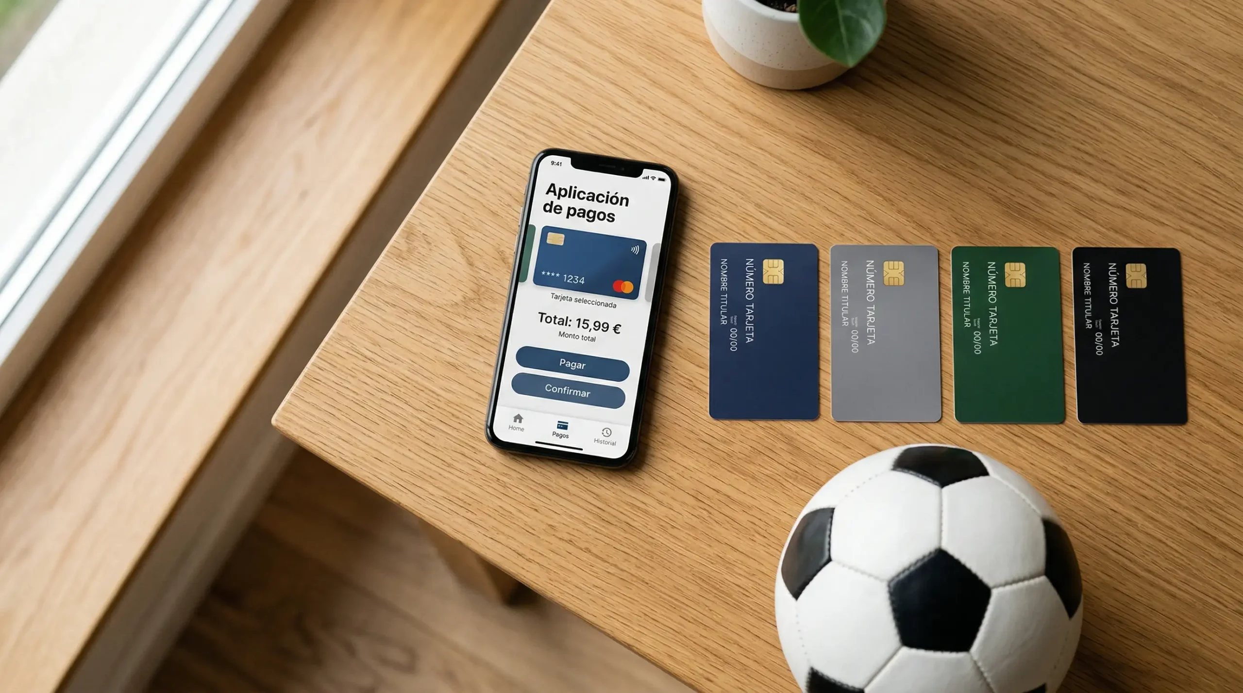 Tarjetas bancarias y smartphone con aplicación de pagos junto a balón de fútbolTarjetas bancarias y smartphone con aplicación de pagos junto a balón de fútbol
