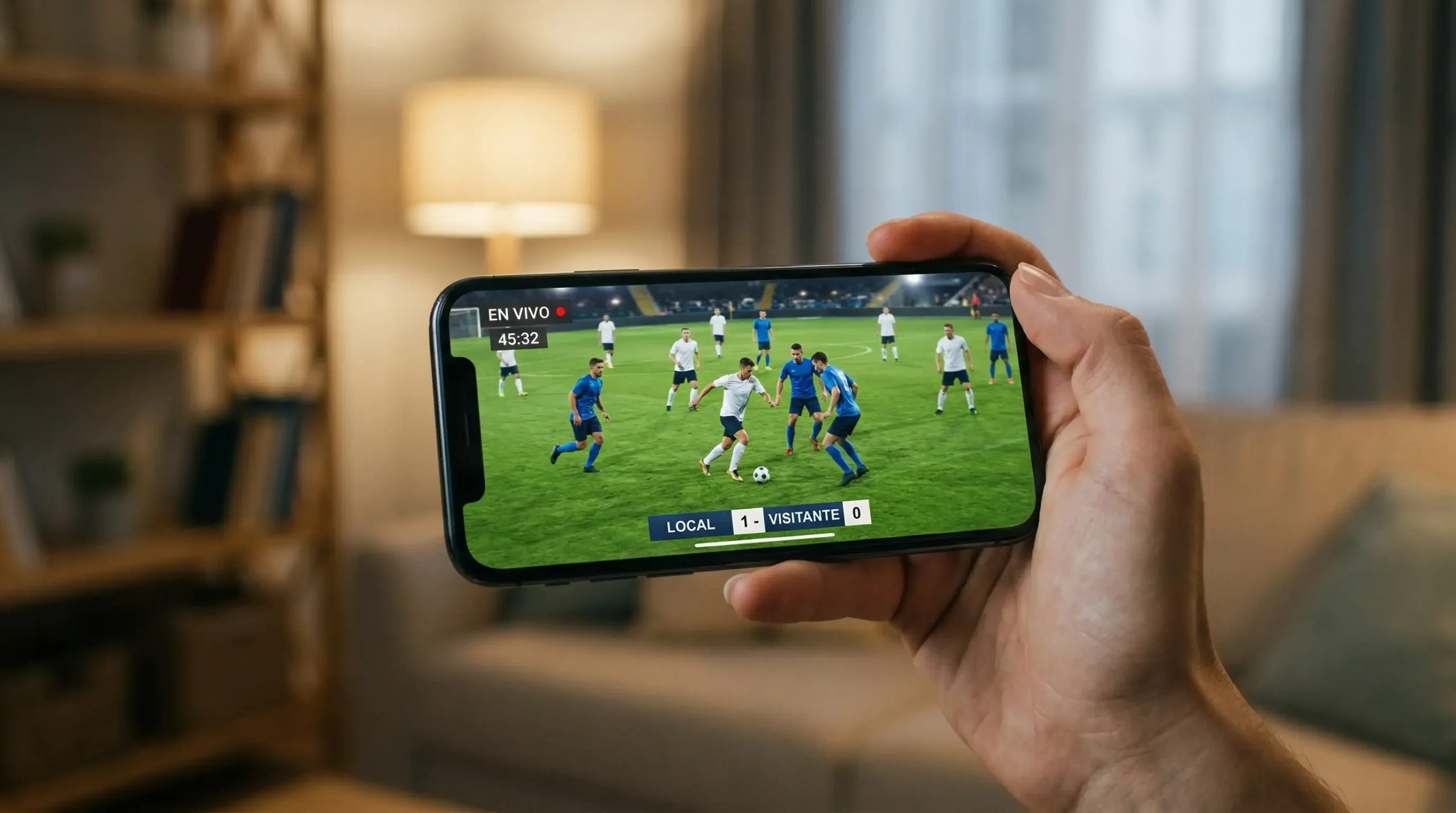 Smartphone mostrando retransmisión de partido de fútbol en directo